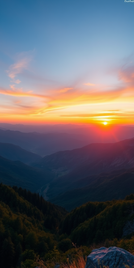 Generate a vibrant landscape scene featuring a sunset over a mountain range with lush green valleys, camera settings: ISO 100, aperture f/11, shutter speed 1/125, capture with a wide-angle lens, use a DSLR camera for high-resolution quality.