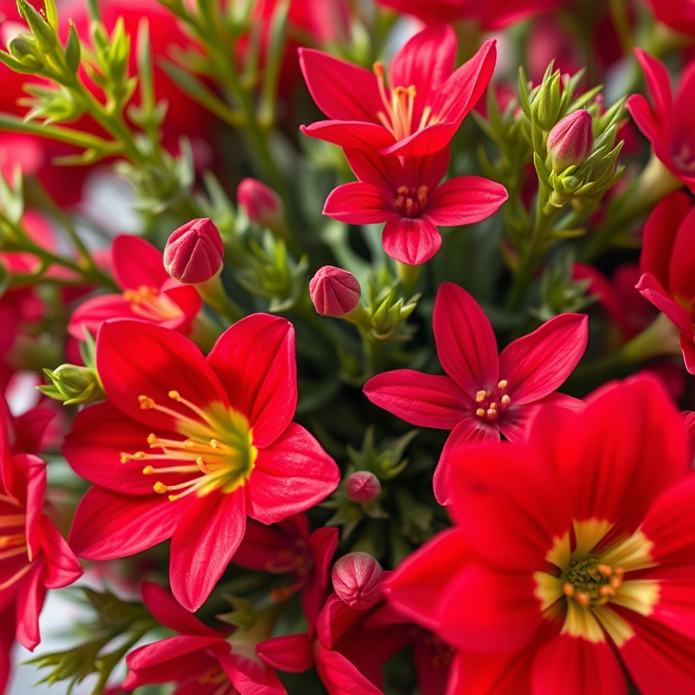 Generate a vibrant bouquet of red flowers with detailed petals and green foliage, shot with a DSLR camera at f/2.8, ISO 100, 85mm lens, in macro view, using natural light to enhance colors and textures.