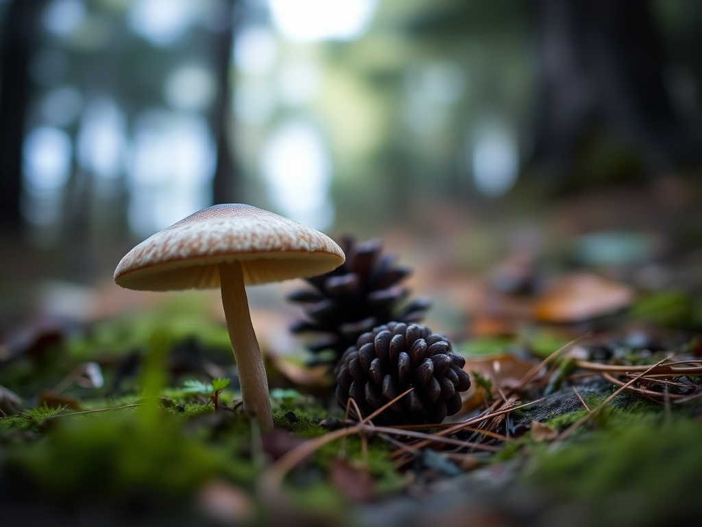 A close-up of a single mushroom in a forest setting, soft natural lighting, shallow depth of field, f/2.8, ISO 100, 50mm lens, DSLR camera, with a slightly blurred background to highlight the mushroom and pine cone.