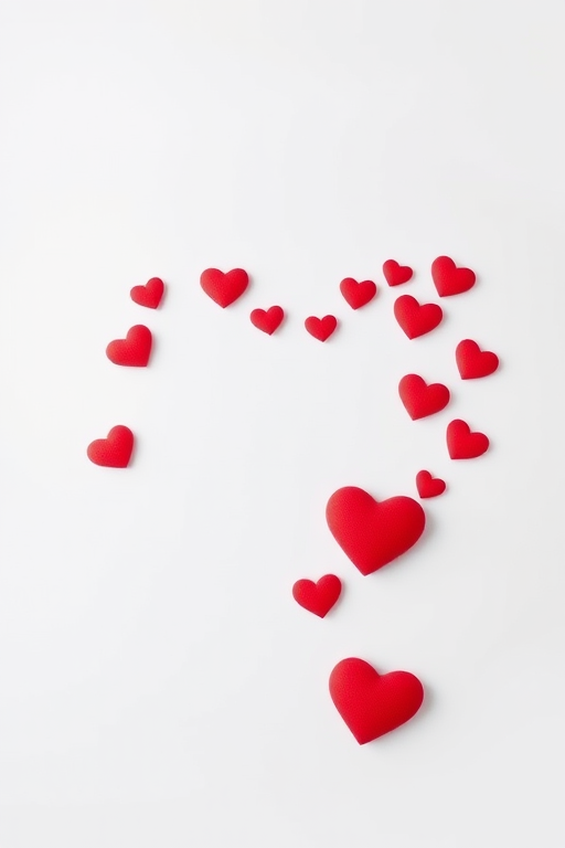 create an image of a large heart made up of smaller red hearts on a white background, use a Canon EOS 5D Mark IV with a 50mm lens, aperture f/2.8, ISO 100, and shot in natural light, high resolution, top-down view, minimalist style