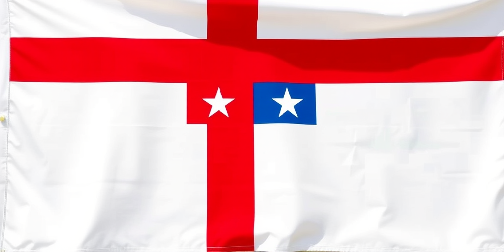 Create a high-resolution image of a flag design featuring a bright red cross on a white background, incorporating a blue section with four black-bordered squares, each containing a white star, captured with a DSLR camera, 50mm lens, f/8 aperture, ISO 100, and natural light for enhanced color vibrancy.