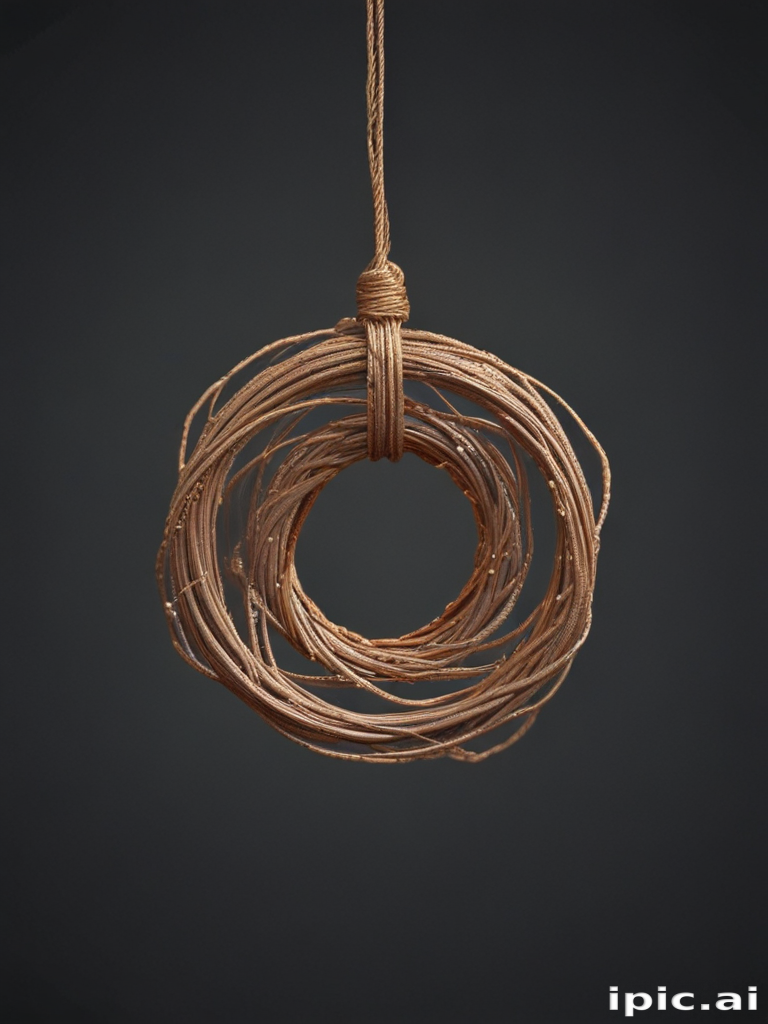 Bottom Statue Rope Intricate Twisted Rope Sculpture Hanging Against a Dark Background