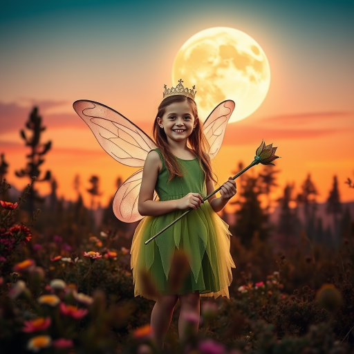 A vivid photo  taken under a bright camera flash of a fantastical scene set against a backdrop of a forest during sunset. The main subject is a girl dressed as a fairy, adorned with translucent wings and a green dress, holding a wand, her face is happy, and she wears a crown on her head. The forest behind her is a blend of flowers, shrubs and trees. The sky is painted in hues of orange and pink, with a large, glowing moon casting a warm glow over the scene. The overall color palette is dominated by earthy tones.