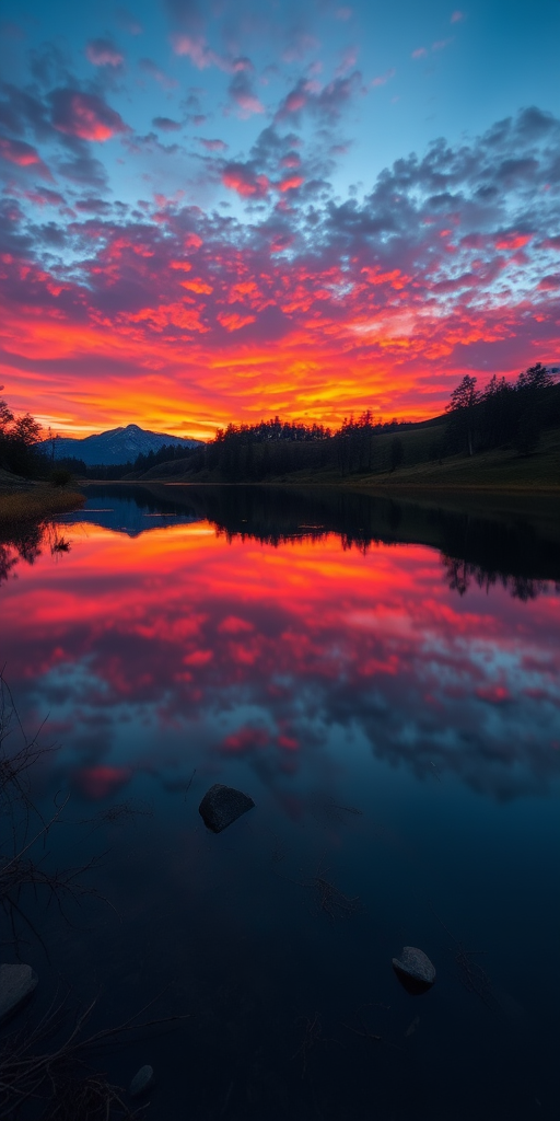 Generate a high-resolution image of a serene landscape during sunset with vibrant colors, capturing soft reflections in a calm lake, shot with a Canon EOS R5, using a 35mm lens, aperture f/8, ISO 200, and a shutter speed of 1/250 sec.