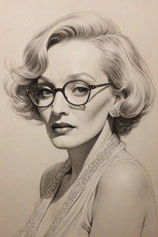 Dazzling Marlene Dietrich, pencil sketch, portrait of Magnificent woman 1971s in glasses, hair style beatnik, outline, clear lines, fine lines, 8k