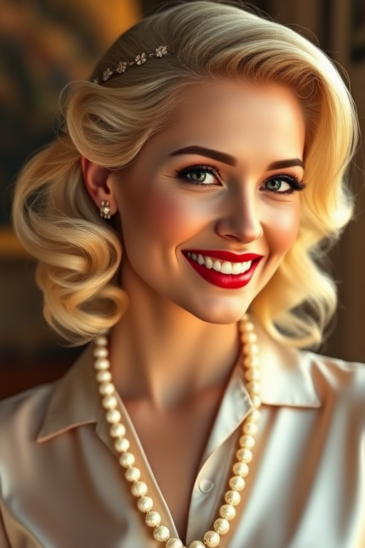 A beautiful Inca woman reminiscent of 1950s Hollywood glamour, with perfectly styled blonde hair and a seductive smile, dressed in a satin blouse and adorned with pearls, soft and warm tones, photorealistic, 8K
