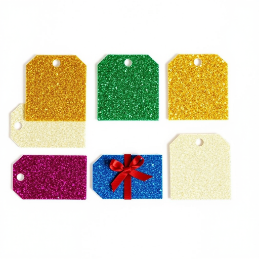 Create a high-resolution image of six glittery gift tags arranged in two rows of three, featuring colors gold, green, blue, red, purple, and teal, with a solid white background, using a DSLR camera with a 50mm lens, aperture set to f/2.8, ISO 100, and a focal length of 50mm.