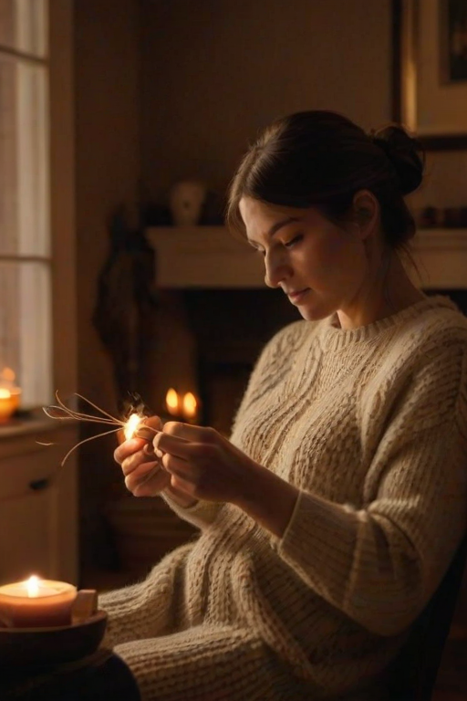 Warm, softly lit photo of a woman knitting in a cozy living room, soft glow from the fireplace casting warm shadows on the walls, the smell of wool and burning wood filling the air, and the sense of a quiet evening at home.