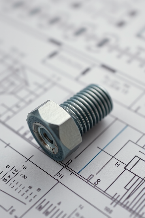 Create a highly detailed technical drawing of a bolt on a blueprint background, showcasing precise measurements and annotations, captured with a DSLR camera at f/8 aperture, ISO 100, 50mm lens, and a shallow depth of field to enhance the subject's focus and clarity.