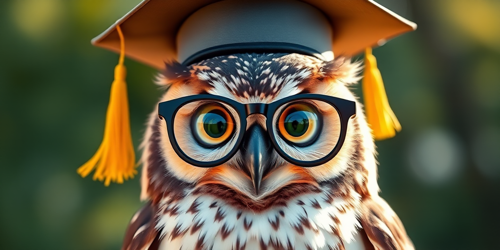 Create a cartoon-style image of an owl wearing a graduation cap and glasses, with bright colors and clear outlines, shot with a Canon EOS R, 50mm lens at f/2.8, in natural daylight to enhance vibrancy and sharpness.