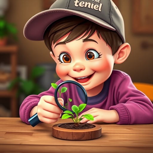 Create a colorful cartoon image of a child with a cheerful expression wearing a cap, examining a small green plant with a magnifying glass, placed on a wooden table, sharp focus, daylight illumination, 50mm lens, f/2.8 aperture, DSLR camera.