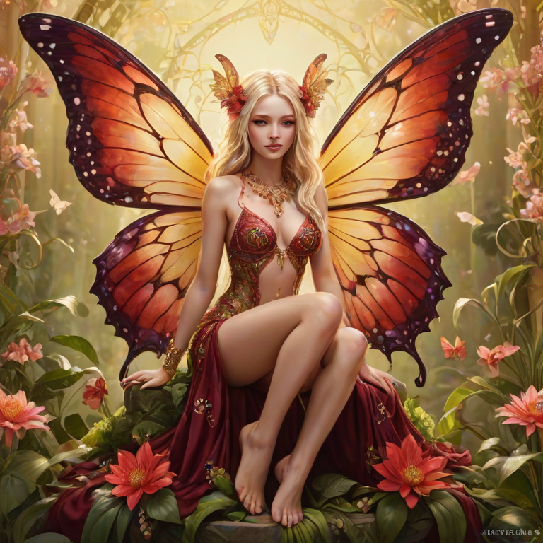 A digital artwork features a winged fairy with delicate Burgundy butterfly wings, adorned with intricate Kiwi andAvocado patterns. She is seated on a vibrant Tan flower, wearing a revealing red two-piece outfit with sparkling beadwork. Her fair skin, long blonde hair, and gold jewelry add to her ethereal appearance. The background is a warm, golden gradient, creating a magical atmosphere. Small glowing orbs and sparkles surround the flower, enhancing the enchanting, highly detailed, and realistic scene.
