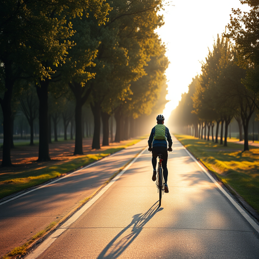 Generate a high-resolution image of a person cycling on a quiet, tree-lined path, early morning light, using a DSLR camera with a 50mm lens, aperture f/2.8, ISO 100, shutter speed 1/500s, focus on the cyclist, capturing vibrant colors and sharp details.