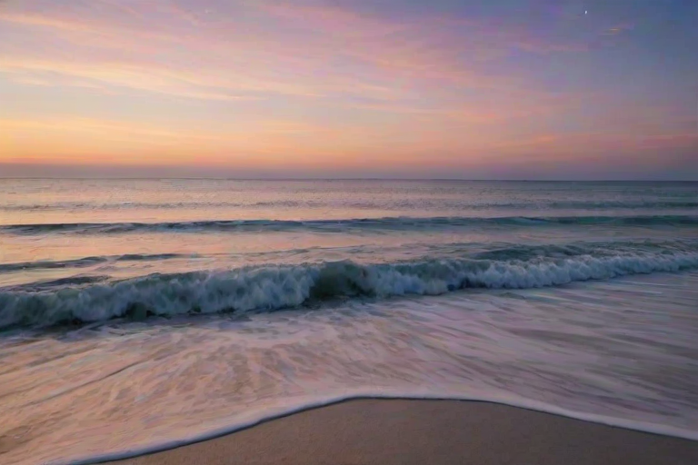 a serene ocean landscape at sunset with a starry sky, soft waves, and gentle colors blending in the horizon
