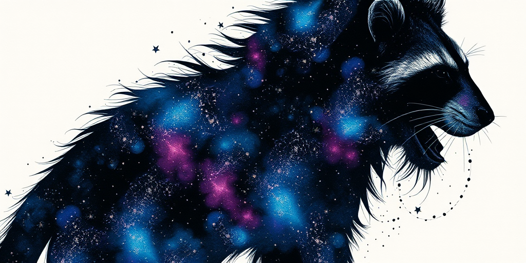 Captivating conceptual render alcohol ink art, double exposure, the paint strokes artfully merge combining a woman's full silhouette with a Curious raccoon's silhouette. The figures are composed of a series of colored dots, lines & spots that evoke the image of a cosmic galaxy, colors are deep shades of blue purple & black with flashes of white & silver representing distant stars. The woman's silhouette is formed within the lion's silhouette from constellations of scattered stars, surreal