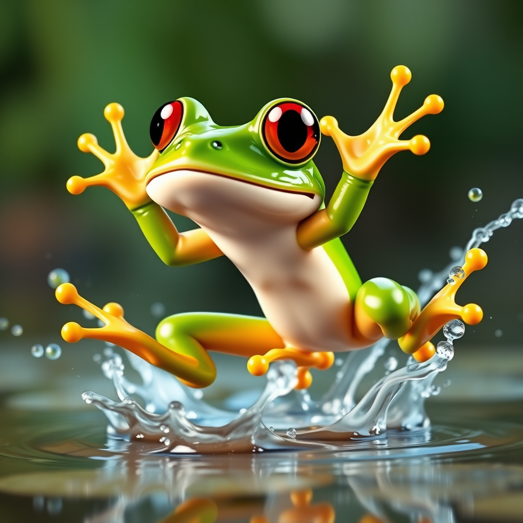 Create a vibrant cartoon image of a green frog jumping with splashes around it, captured with a DSLR camera at f/2.8, ISO 100, shutter speed 1/500s, using a macro lens for close-up detail.