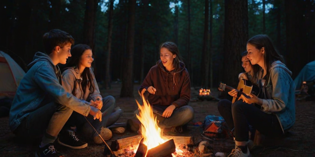 Nighttime image, low resolution, group of teenagers sitting around a campfire, roasting marshmallows, soft orange glow illuminating their faces, dark woods surrounding them, a few tents pitched in the background, someone strumming a guitar softly, smoke swirling in the cool night air.