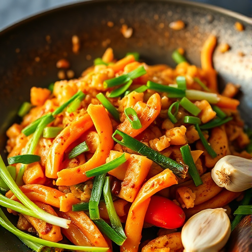 highly detailed close-up shot of a vibrant stir-fried dish in a seasoned wok surrounded by colorful fresh ingredients like green onions, garlic, and various spices, using a Canon EOS R5 with a 50mm f/1.2 lens, aperture at f/2.8, ISO 100, and a soft focus background for depth, warm lighting to enhance textures and colors