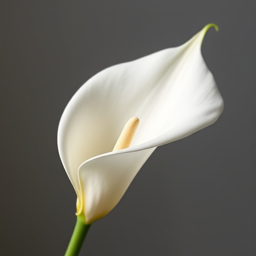 close-up of a white calla lily on a neutral gray background, soft natural lighting, ISO 100, aperture f/2.8, focal length 100mm, macro lens, DSLR camera, shallow depth of field