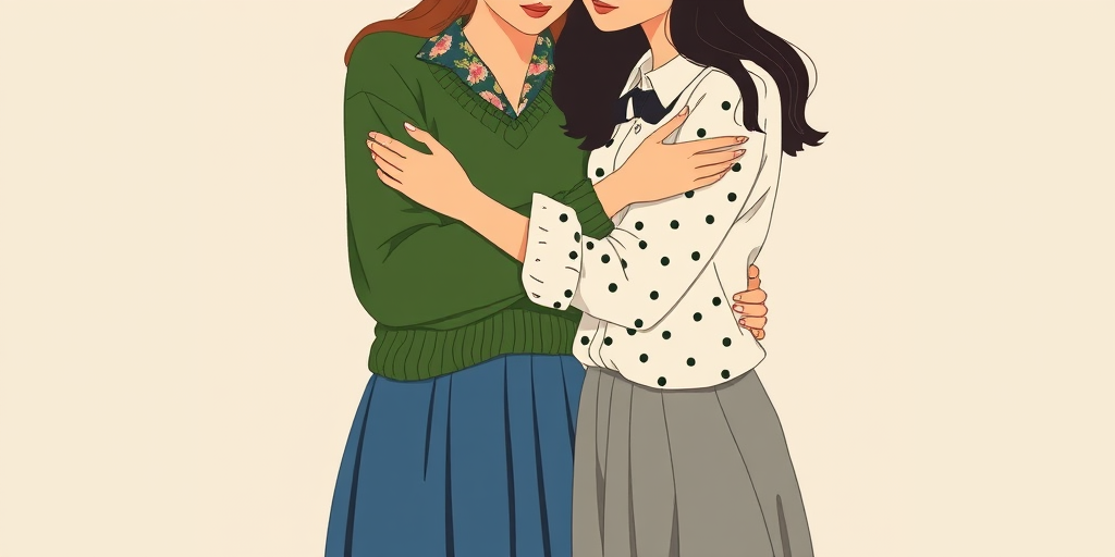 Create an illustration of two women embracing, one wearing a green sweater over a floral shirt and a blue skirt, the other in a white shirt with polka dots and a grey skirt, in a minimalist style with a soft color palette, shot with a vintage filter at f/2.8, 50mm lens, natural light, and slightly overhead angle.