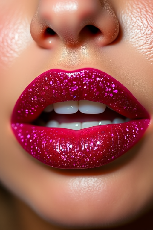 Glitter-infused berry lips sparkle with festive charm in the "Berry Dazzle" design, featuring a deep raspberry base color accented with fine, multidimensional glitter particles that catch the light and create a dazzling, multifaceted effect, ideal for holiday parties or glamorous night-out looks