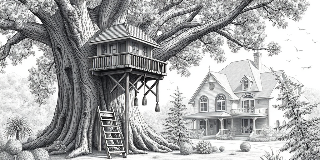 Create a detailed black and white illustration of a large tree with a treehouse, including a wooden ladder, surrounding greenery, and a house in the background, using a Canon EOS 5D Mark IV camera, f/8 aperture, 1/250 shutter speed, and ISO 100 for high clarity and sharpness.