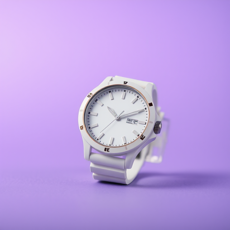 A high-quality image of a white watch positioned at a slight angle against a soft gradient purple background, shot with a DSLR camera at f/2.8 aperture, 50mm lens, ISO 100, 1/125 sec exposure, in macro view to capture detail and texture.