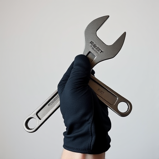 a close-up of a hand wearing a black glove holding an adjustable wrench against a plain background, with sharp focus, using a DSLR camera, f/2.8 aperture, ISO 100, 1/200 shutter speed, natural lighting to enhance the image quality and detail.