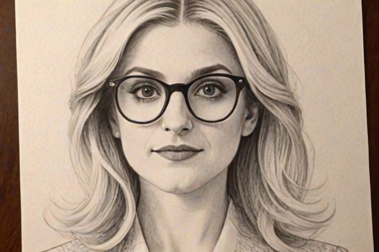 Lovely Annaleigh Ashford, pencil sketch, portrait of Graceful woman 1975s in glasses, hair style beatnik, outline, clear lines, fine lines, 8k