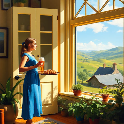 In "A Glass of Beer on the Highland," a serene scene is depicted in a sunlit room where a woman in a vibrant blue dress stands by a large window. She holds a tray with a hearty meal and a frothy glass of beer, embodying a moment of relaxation. Outside, the breathtaking highland landscape features rolling green hills and a charming traditional house, all bathed in warm afternoon light. The interior is adorned with potted plants, creating a harmonious blend of comfort and nature. The painting beautifully captures the tranquility and joy found in simple pleasures amidst stunning scenery