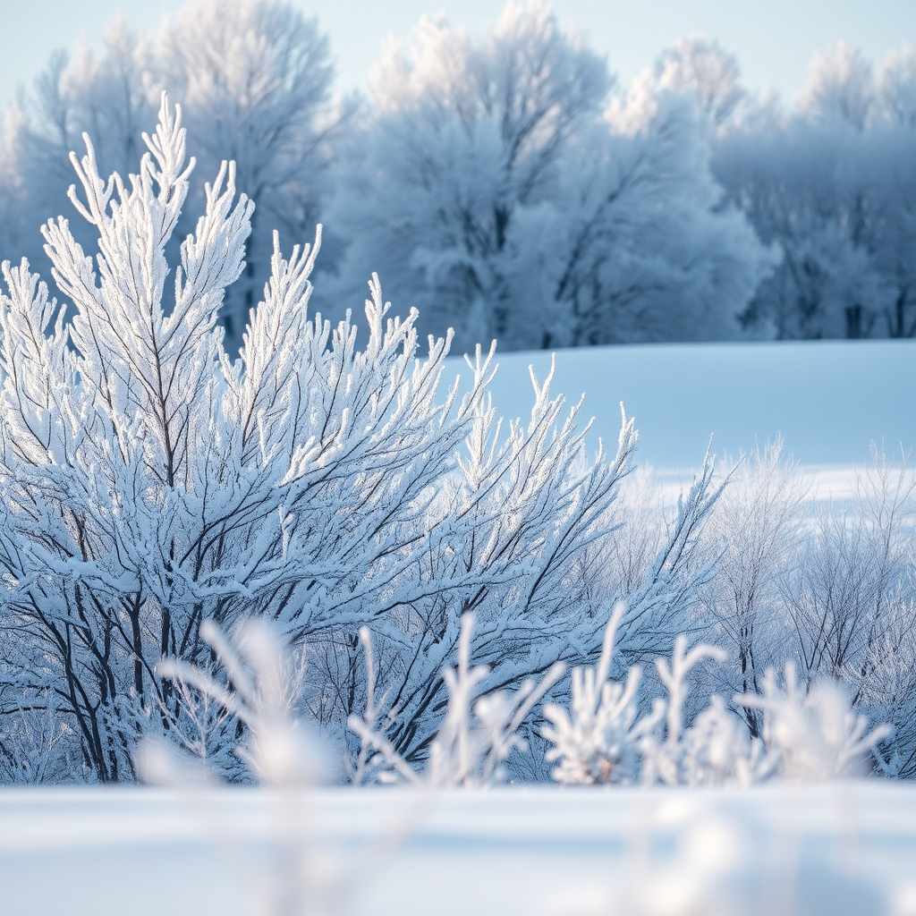 Capture a serene winter landscape with snow-covered ground and frosted trees in the background, using a Canon EOS R5, 50mm lens, aperture f/2.8, ISO 100, shutter speed 1/200s, soft focus foreground, and natural lighting to enhance image quality.