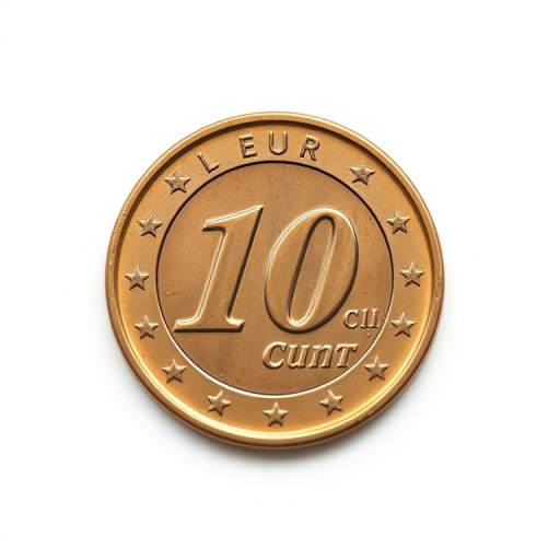 A high-resolution photo of a 10 euro cent coin centered on a white background, taken with a DSLR camera at f/2.8 aperture, ISO 100, 1/200 sec shutter speed, employing a macro lens to capture fine details and texture of the coin.