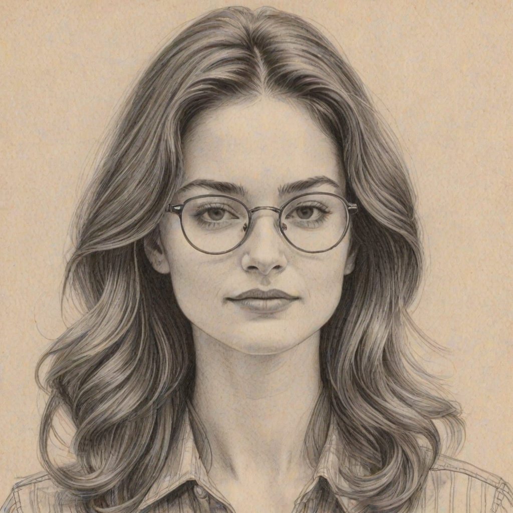 Exquisite Emily Robinson, pencil sketch, portrait of Beauteous woman 1972s in glasses, hair style beatnik, outline, clear lines, fine lines, 8k