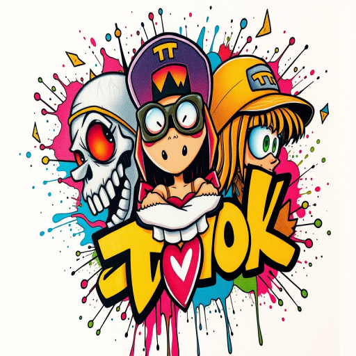 New school graffiti tattoo with bold, cartoonish characters and vibrant color splashes, incorporating elements of street art and pop surrealism for a dynamic and playful design