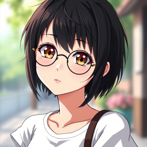 i want the whole image to be created in 3D anime style, 1girl, solo, looking at viewer, short hair, bangs, shirt, black hair, brown eyes, jewelry, closed mouth, collarbone, white shirt, upper body, short sleeves, outdoors, glasses, day, necklace, blurry, lips, depth of field, blurry background, messy hair, round eyewear