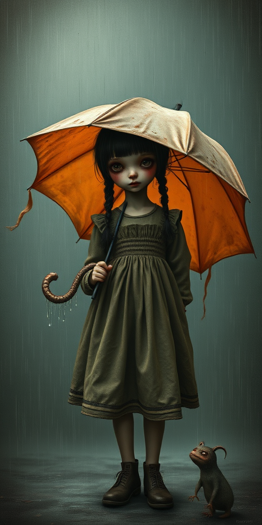 An eerie, weird little girl with dark hair in thin pigtails, wearing a smock dress, standing in the rain, holding a dirty orange umbrella, a small, odd creature beside her. In a surreal style inspired by Nicoletta Ceccoli and Brian Froud. Dark fantasy themes