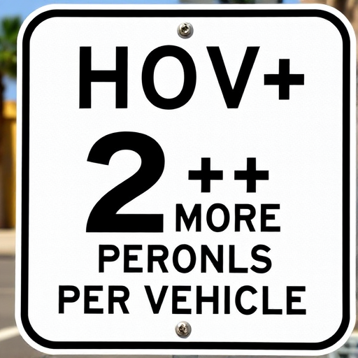 Generate a high-resolution image of a traffic sign indicating "HOV 2+ ONLY 2 OR MORE PERSONS PER VEHICLE" with clear typography, using a DSLR camera style, aperture f/8, ISO 100, shot from a straight-on view, natural lighting.