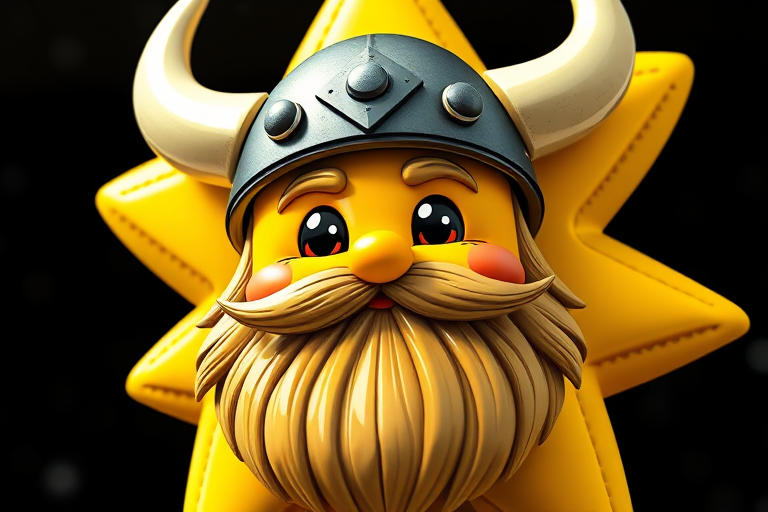 create a cartoonish yellow star character with a viking helmet and a furry beard, using a close-up view with vibrant colors, enhanced details, and a high contrast background, captured with a DSLR camera at f/2.8, ISO 100, and 50mm lens
