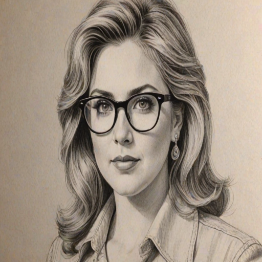 Pleasing Hillary Scott, pencil sketch, portrait of Ravishing woman 1980s in glasses, hair style beatnik, outline, clear lines, fine lines, 8k