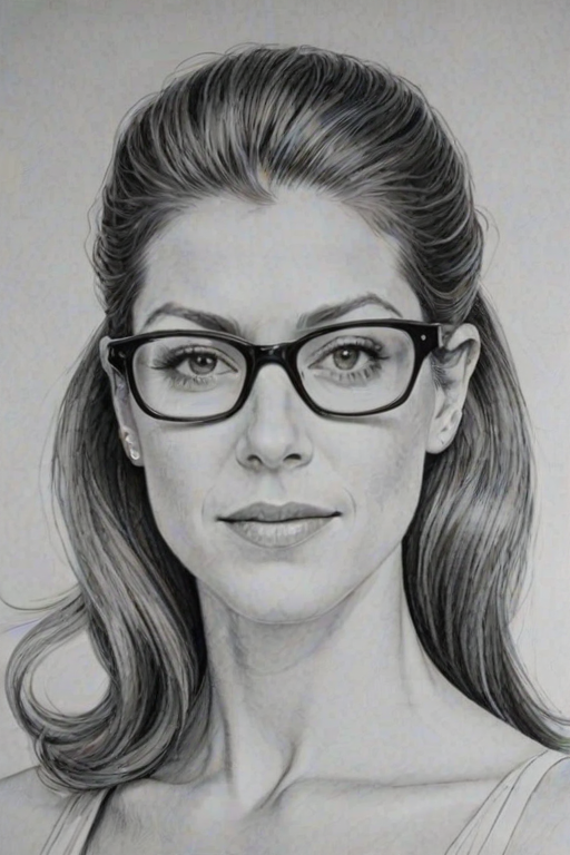 Comely Kate Walsh, pencil sketch, portrait of Magnificent woman 1972s in glasses, hair style beatnik, outline, clear lines, fine lines, 8k