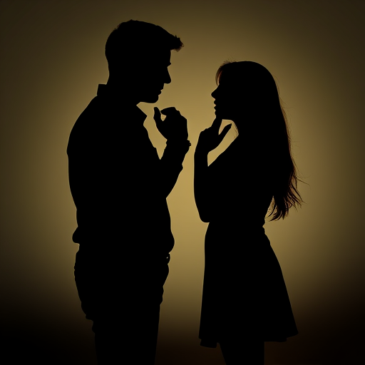 Create a high-contrast silhouette image depicting a man and a woman in a heated argument, using a DSLR camera with a 50mm lens, aperture set to f/1.8, ISO 400, captured from a low angle with soft backlighting to enhance details and create dramatic shadows.