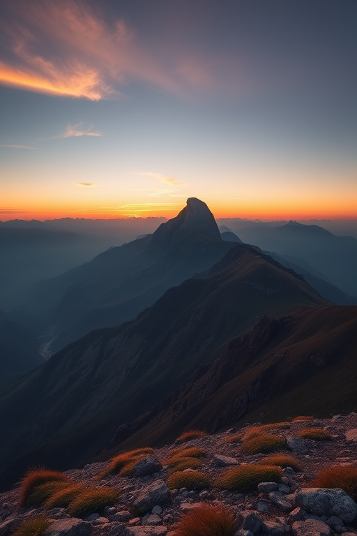 A high-resolution image of a serene mountain landscape at sunset, captured with a DSLR camera using a 24mm lens, f/11 aperture, ISO 100, a panoramic view, and soft lighting to enhance colors and depth.