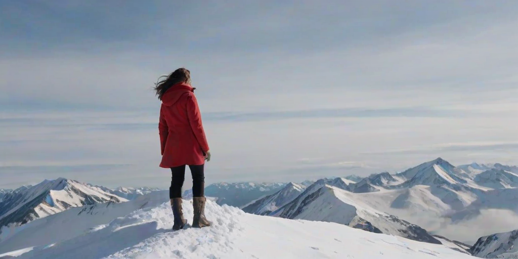 Snow-covered mountain peak, a woman in a red coat standing at the summit, her hair blowing in the icy wind, with vast snowy plains stretching out below.