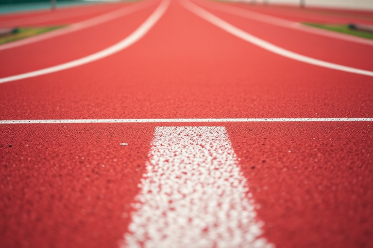 Generate an image of a red athletic track with visible lane markings, captured from a low angle perspective using a DSLR camera, with a focal length of 50mm, aperture set to f/2.8 for shallow depth of field, and ISO 100 to enhance clarity and minimize noise.