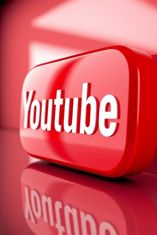 Create a highly detailed 3D render of a glossy red YouTube logo on a smooth surface, using a Canon EOS R5 camera with a 50mm lens at f/1.8, shutter speed of 1/100s, ISO 100, in a soft studio lighting setup to enhance reflections.