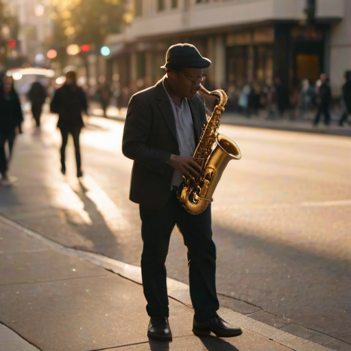 Blurry candid shot of a street artist playing a saxophone on a bustling city corner, soft golden light from a nearby streetlamp casting long shadows, with distant pedestrians blurred in the background.