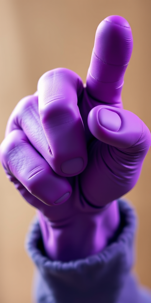 Create a high-resolution illustration of a stylized, oversized purple pointing hand, using a digital camera with a macro lens, aperture set to f/2.8, ISO 100, and a shallow depth of field for a smooth background blur, focusing closely on the hand's details.
