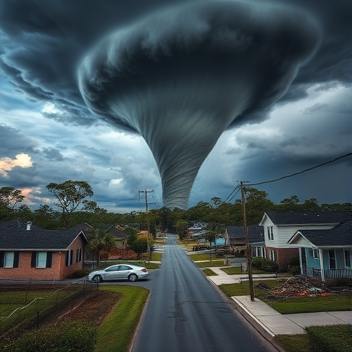 Create a dramatic landscape scene of a tornado descending upon a suburban neighborhood, focusing on the swirling debris and dark storm clouds overhead, captured with a DSLR camera at 24mm, f/8, ISO 100, in HDR style, wide-angle view to enhance depth and detail.