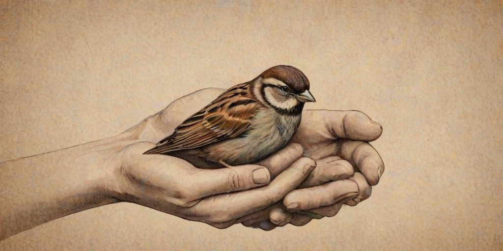 a pair of hands gently cradling a small, brown sparrow in a minimalist, sketched style on a textured background