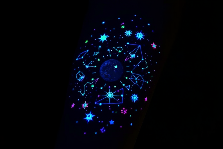 Mystical UV ink tattoo titled "Celestial Secrets" revealing hidden constellations and cosmic imagery when exposed to blacklight, creating a magical and otherworldly effect on the forearm